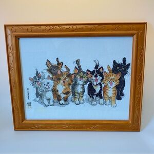Vintage Framed Cat Cross Stitch Embroidery Art